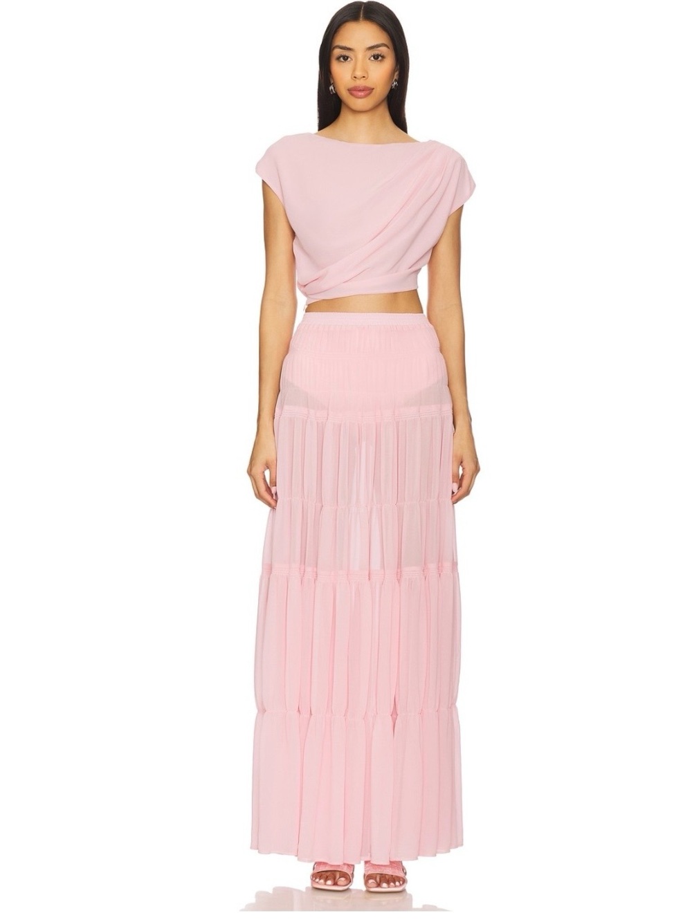 Camila Coelho Soft Pink Maxi Skirt set with matching crop top